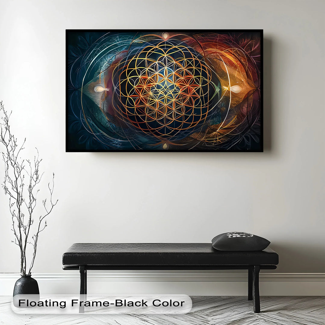 This mesmerizing artwork features a glowing geometric mandala inspired by the Flower of Life, radiating with fiery gold and cosmic blue tones.