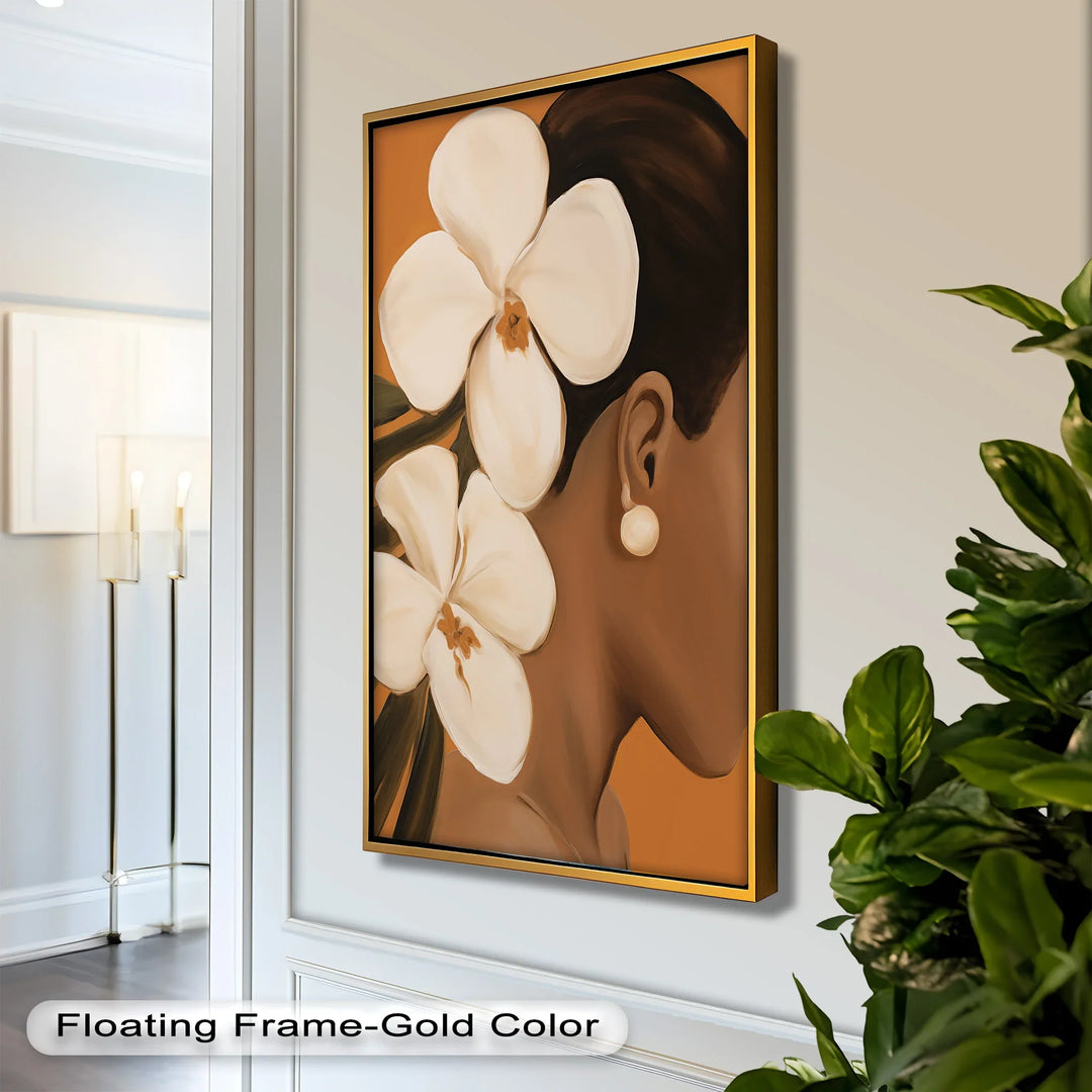 This elegant portrait captures the profile of a woman adorned with two beautiful white flowers in her hair, exuding grace and timeless beauty.