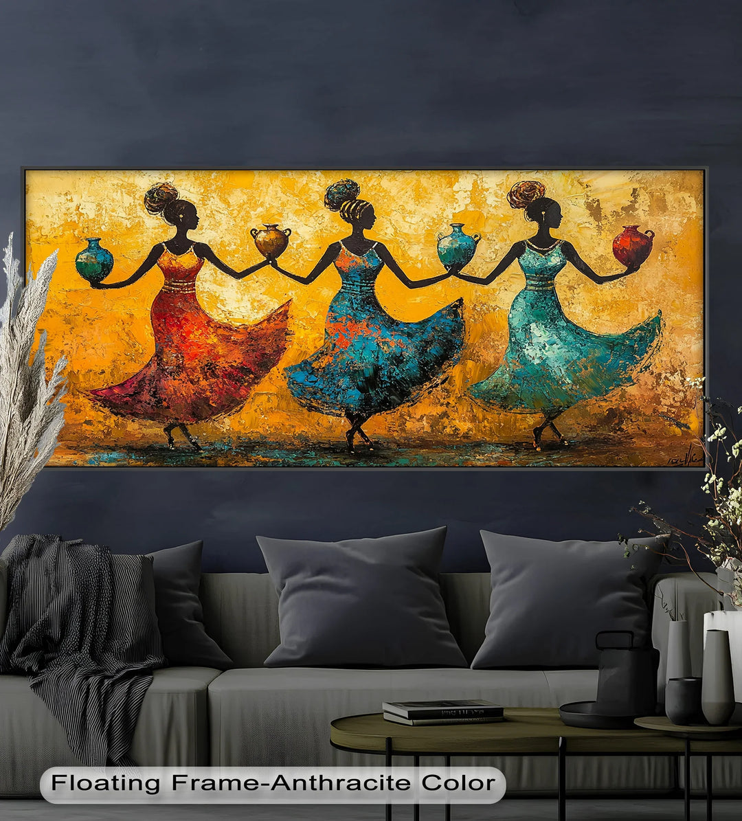 This dynamic painting captures three elegant women in colorful flowing dresses dancing gracefully while holding traditional pots, set against a rich golden background.