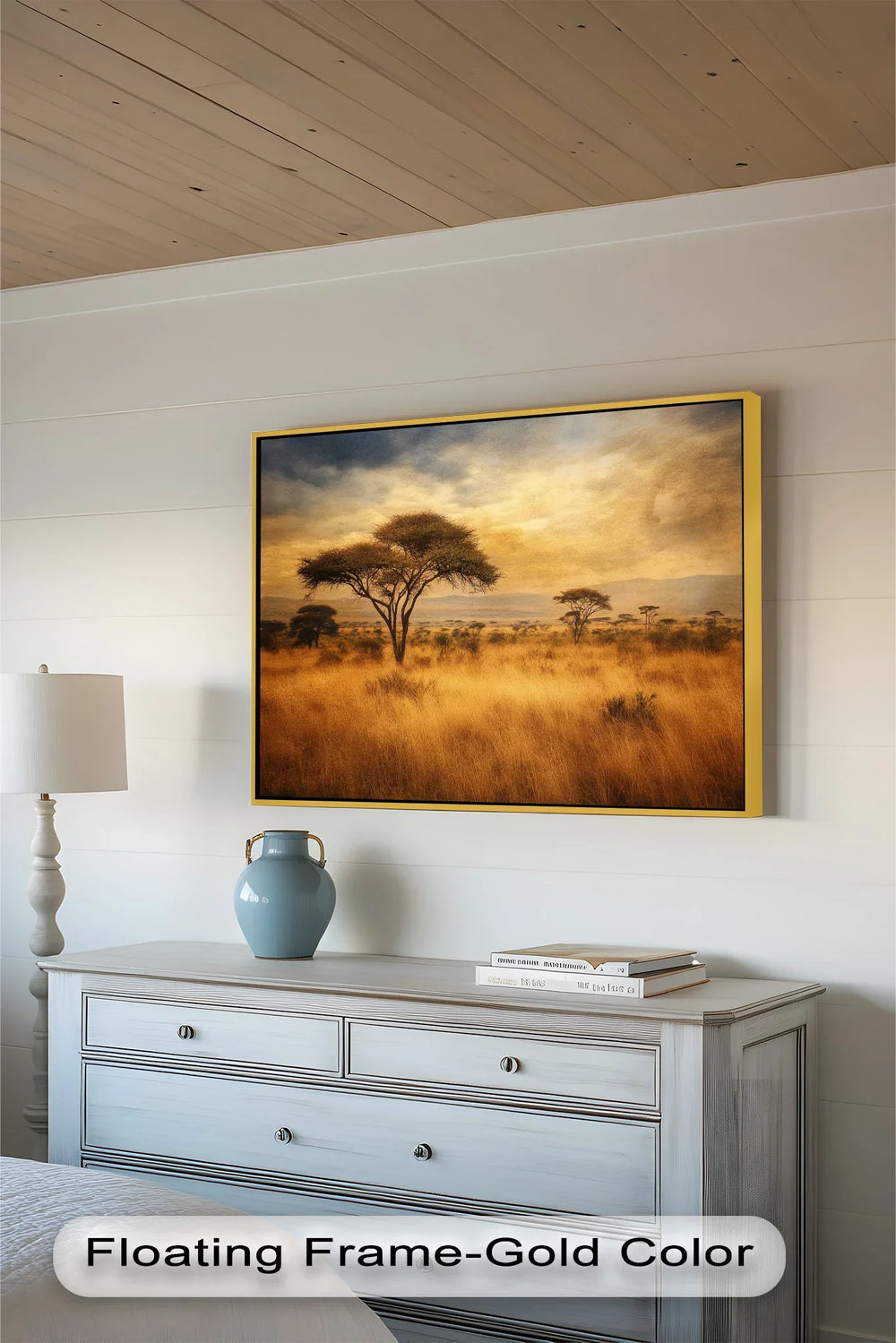 Warm tones of amber and ochre blend with soft light and distant mountains, evoking the vastness and serenity of the landscape.