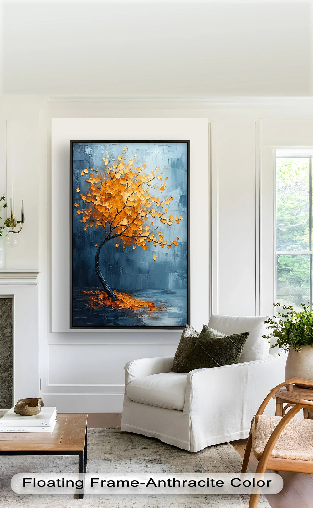 Golden Drift – Amber Tree Against Blue Abstract Oil Painting - MyPhotoStation
