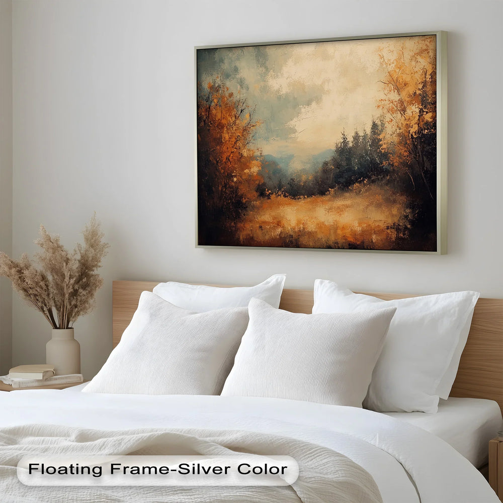 Serene fall forest scene featuring warm amber tones and textured brushwork.