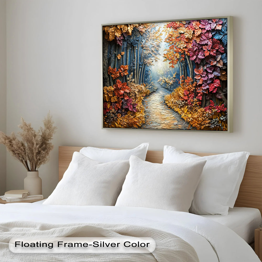 A stunning mixed-media wall art piece featuring a textured woodland scene with intricately sculpted leaves and a glowing pathway leading into the distance.