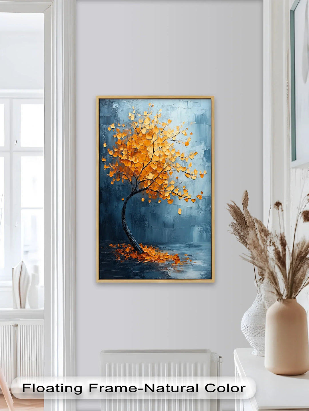 Golden Drift – Amber Tree Against Blue Abstract Oil Painting - MyPhotoStation