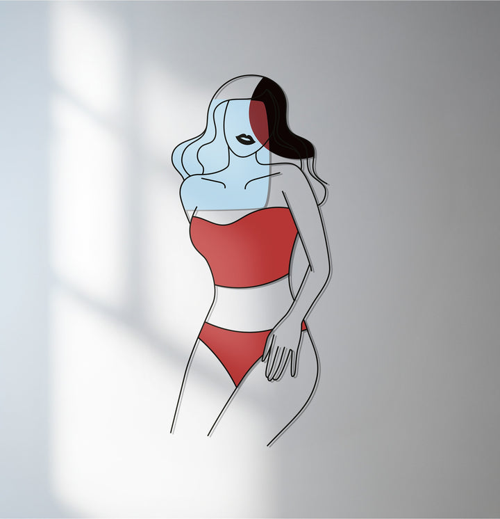 Abstract woman in red metal wall art with minimalist design