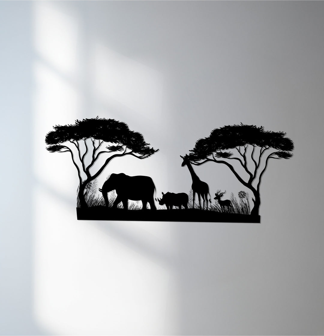 African safari silhouette metal wall art with elephants and giraffes