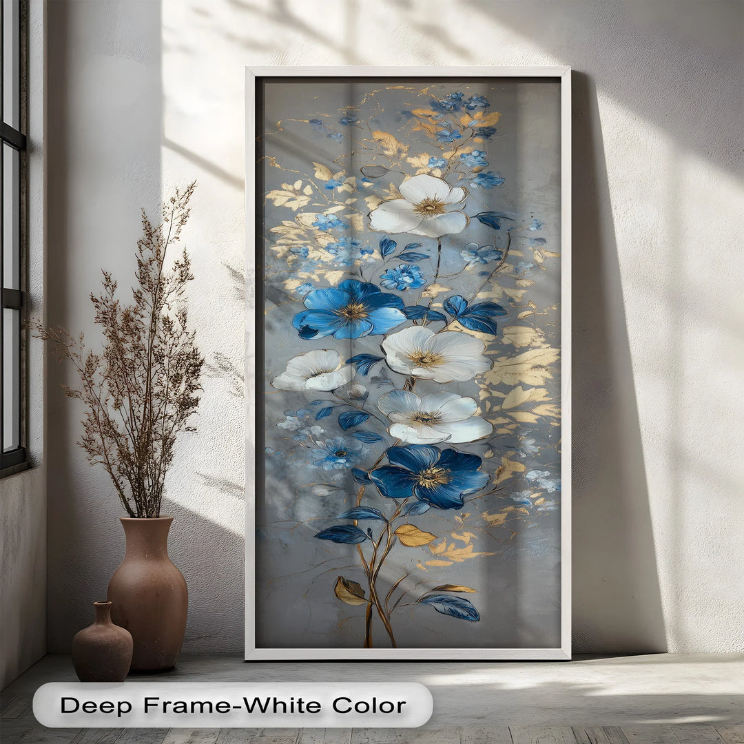 A graceful painting of blue and white flowers on slender stems, accented with golden leaves and soft gray background for a refined look.