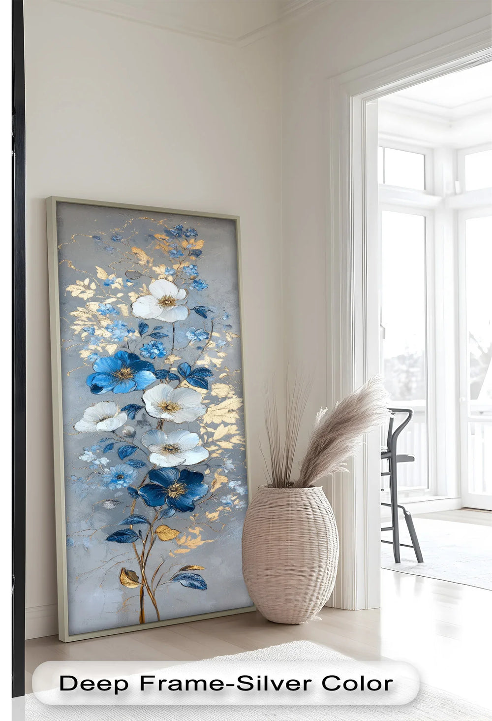 An elegant vertical floral composition featuring detailed blue and white blooms with shimmering gold foliage.
