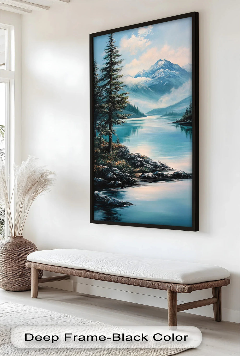 With serene turquoise waters and soft mist drifting through the valley, the artwork evokes tranquility and awe inspired by untouched nature.