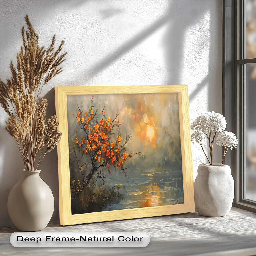 A beautifully textured landscape artwork capturing the warmth of the golden sun reflecting on the water, with rich brushstrokes adding depth to the dramatic sky.
