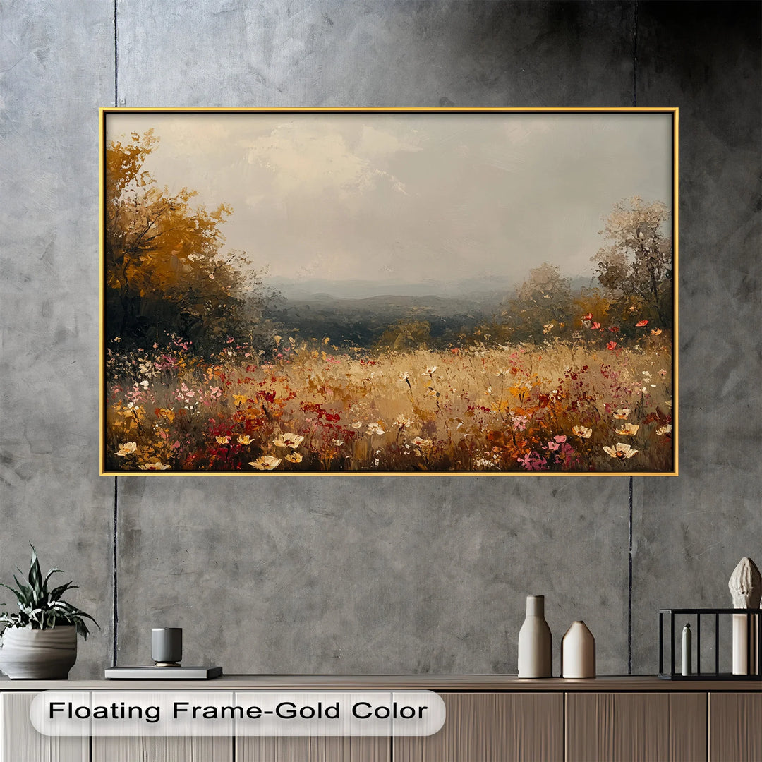 A dreamy hillside meadow bursts with wildflowers in warm autumn hues, as soft mist drapes over distant rolling hills, creating an ethereal and tranquil landscape.