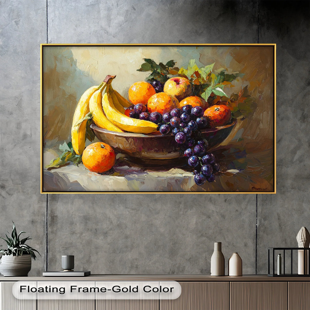 This vibrant still life painting showcases a bowl overflowing with bananas, oranges, grapes, and apples, capturing the freshness and abundance of nature.