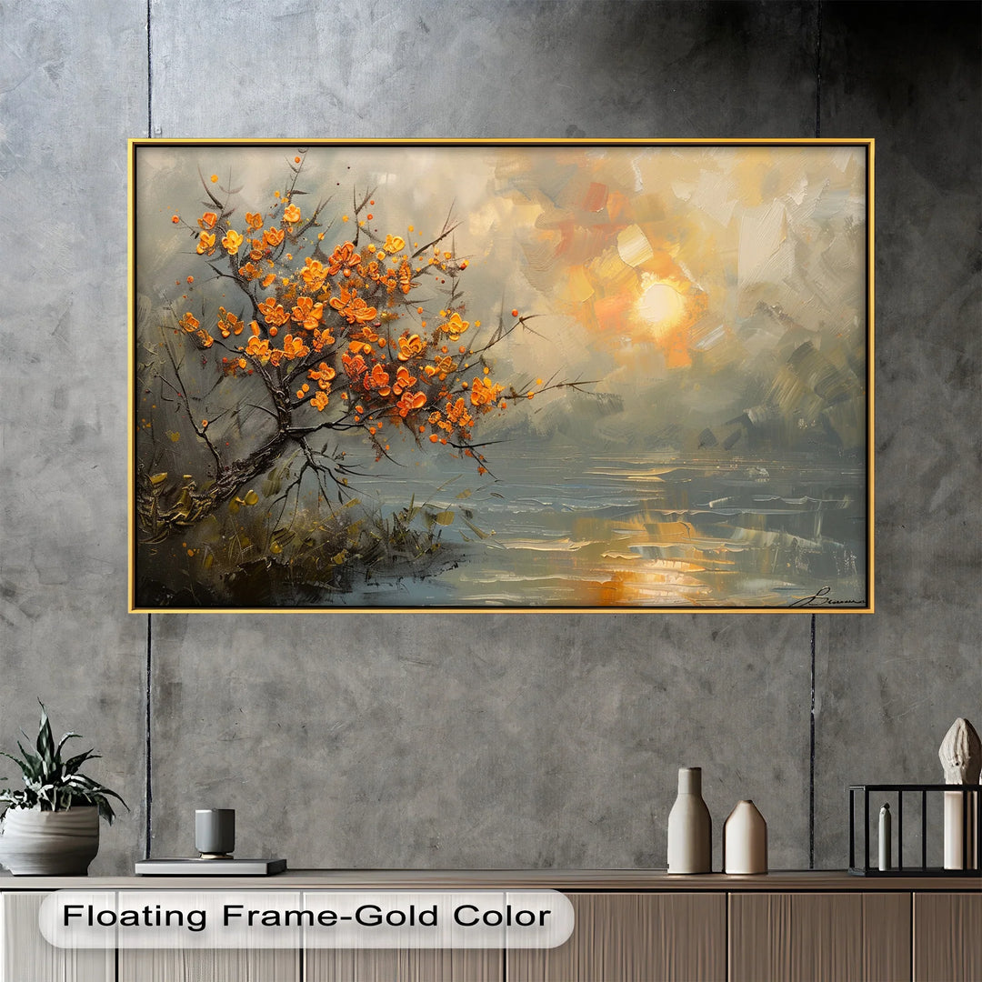 A stunning impressionist painting featuring a twisted tree adorned with vibrant orange blossoms, set against a misty lakeside at sunset.