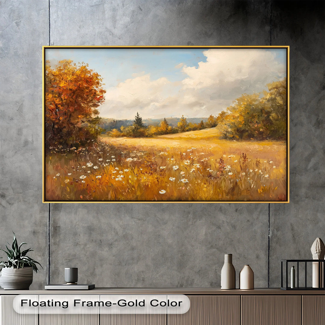 Capture the warmth of fall with this exquisite oil painting, featuring golden fields, crisp autumn foliage, and delicate wildflowers. The rich textures and vibrant hues make this framed wall art a timeless masterpiece for nature lovers.