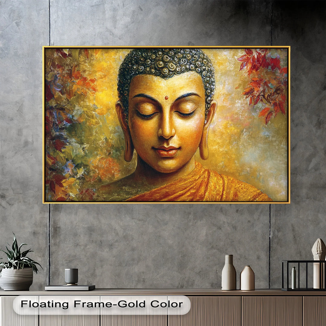 A radiant painting of Buddha with closed eyes and a gentle smile, surrounded by warm golden light and autumnal foliage.