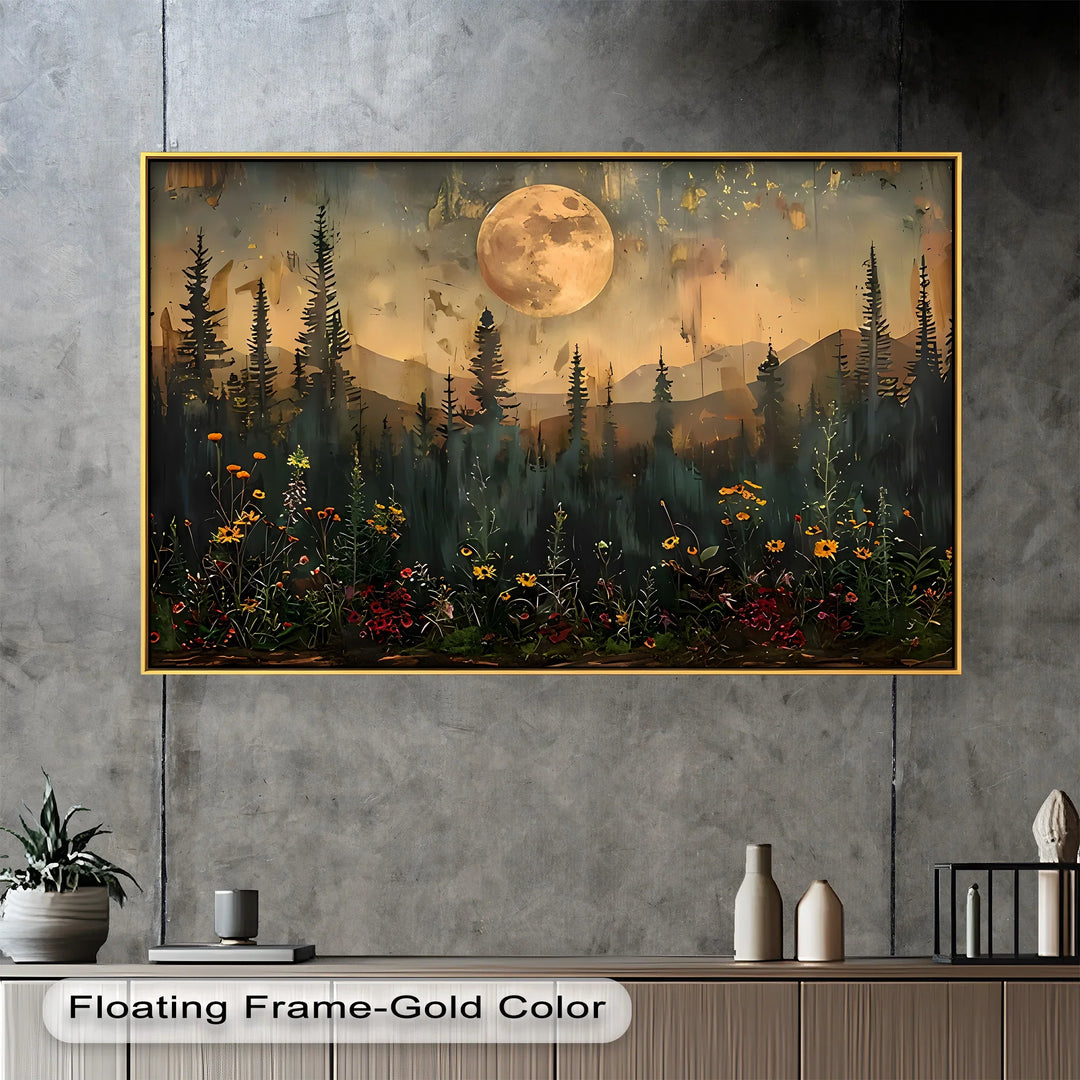 This enchanting landscape painting showcases a glowing full moon rising above shadowed pine trees and layered mountain peaks, with wildflowers blooming in the foreground.