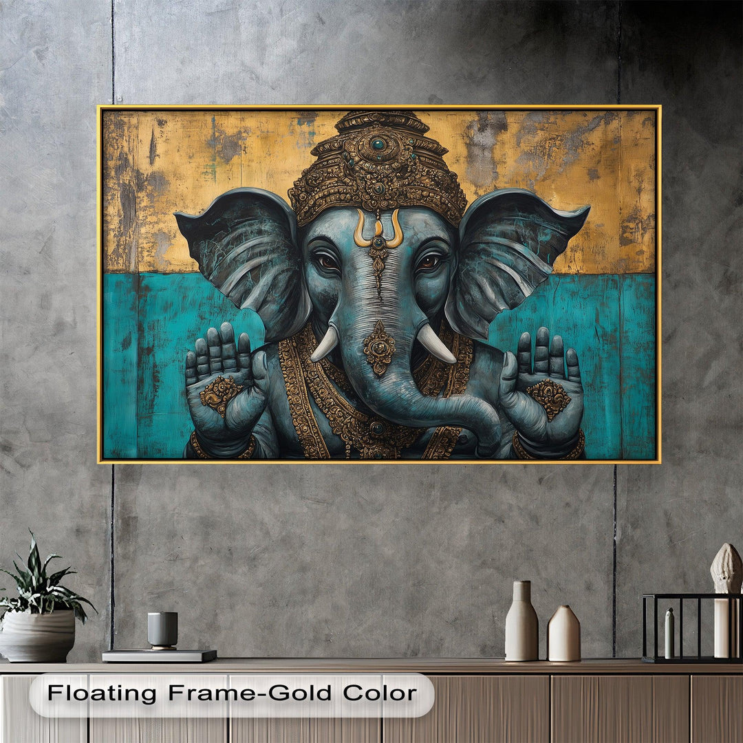 A majestic depiction of Lord Ganesha with both hands raised in blessing, adorned in intricate golden ornaments against a teal and gold background.