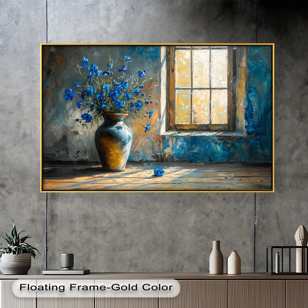 Blue Flowers in Vase – Rustic Still Life Oil Painting - MyPhotoStation