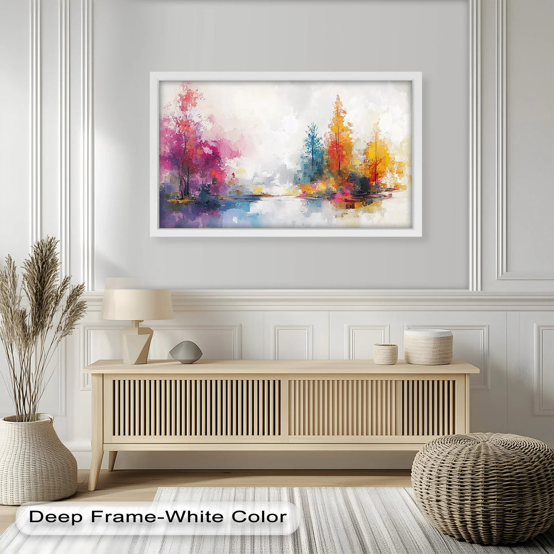 A vibrant abstract landscape painting featuring colorful autumn trees reflected in a calm body of water, blending warm and cool tones in an impressionist style.