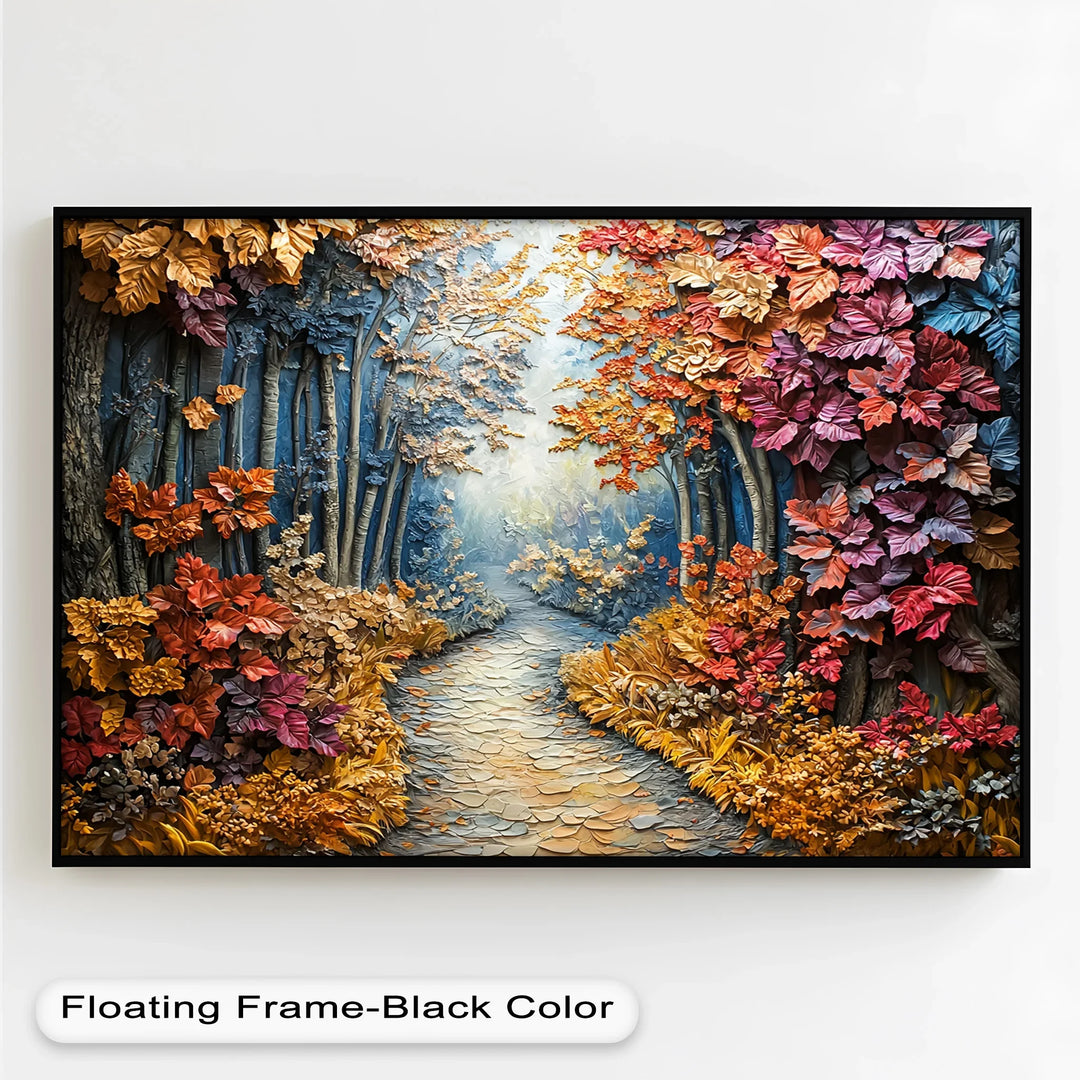 A breathtaking 3D relief artwork depicting an enchanted forest path surrounded by vibrant autumn foliage in shades of red, orange, gold, and deep blue.