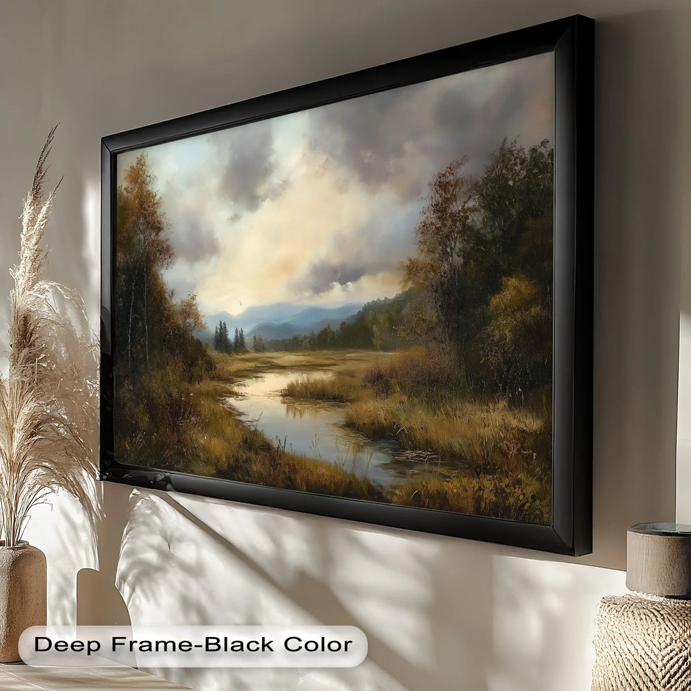 A tranquil nature scene featuring a reflective waterway surrounded by fall foliage and distant misty mountains.