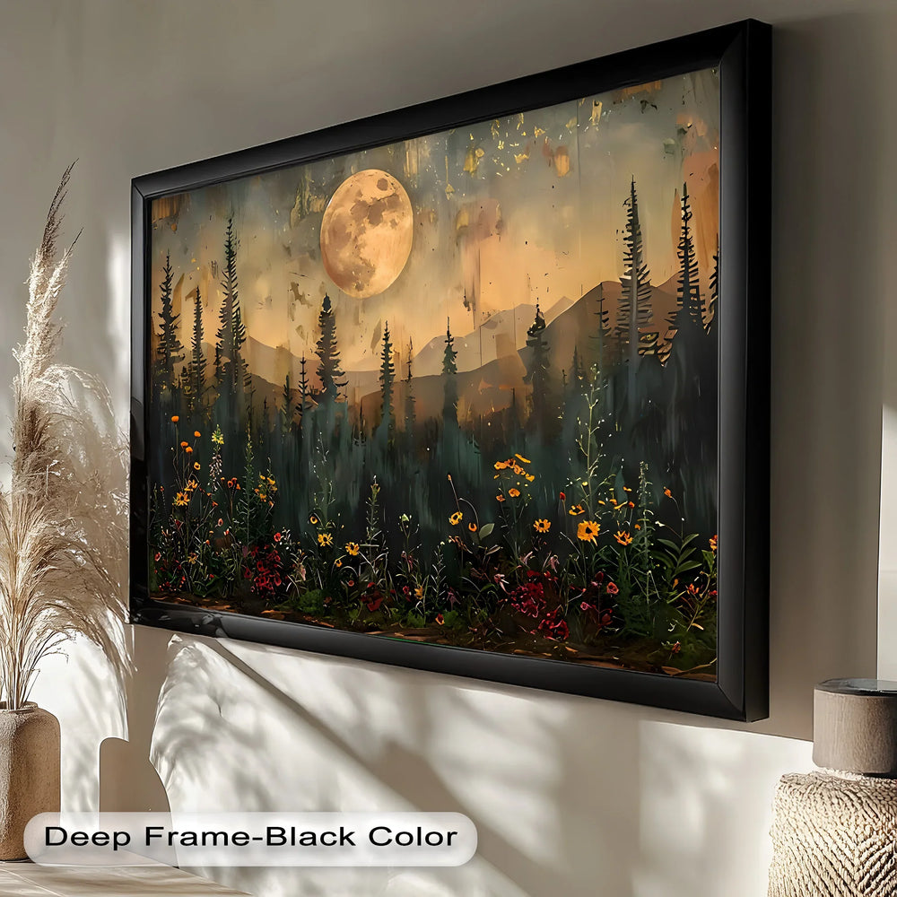 The deep forest tones, golden moonlight, and rich floral colors create a mystical and serene woodland atmosphere.