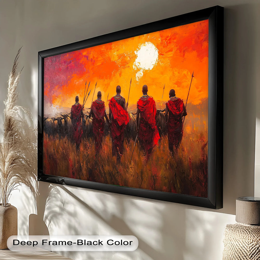 With bold brushstrokes and fiery hues, this artwork depicts a traditional African scene, highlighting strength, unity, and cultural heritage.