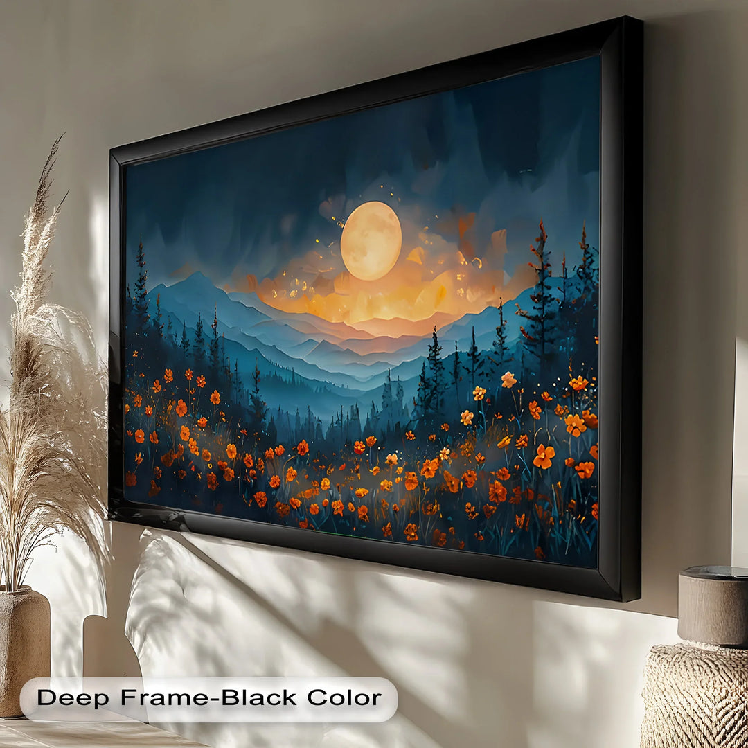 This enchanting landscape painting features a glowing full moon rising over layered blue mountains and a field of vibrant orange wildflowers.