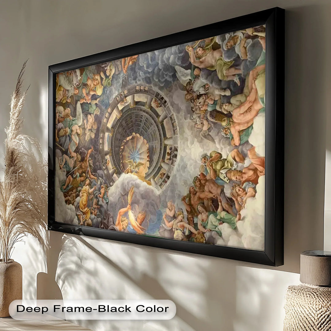 Intricate Renaissance-style ceiling fresco featuring a dramatic architectural illusion of a domed oculus surrounded by angels and mythological figures.