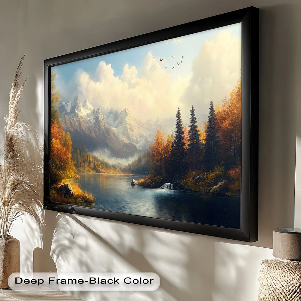 Soft clouds drift across the sky as sunlight gently illuminates the peaks and forest, creating a warm and peaceful atmosphere.