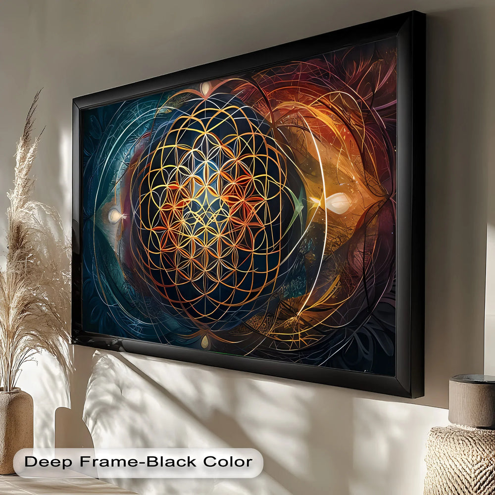 Blending sacred geometry with abstract energy patterns, the piece evokes themes of unity, creation, and spiritual awakening.
