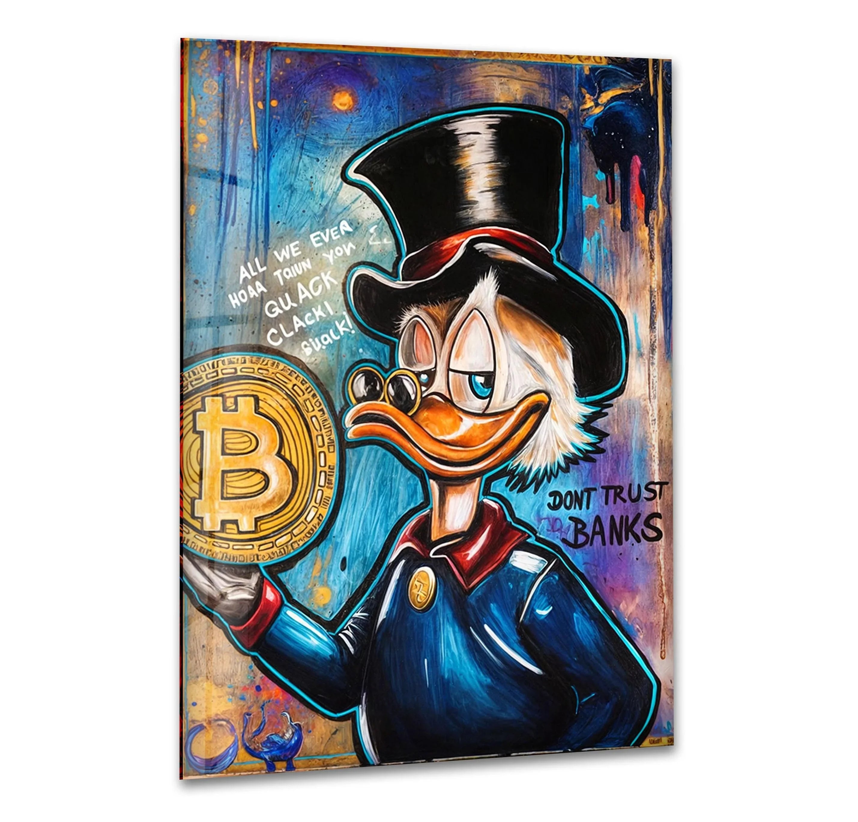 Bitcoin & Rich Duck Glass Wall Art print picture on glass, Tempered Glass Wall Art