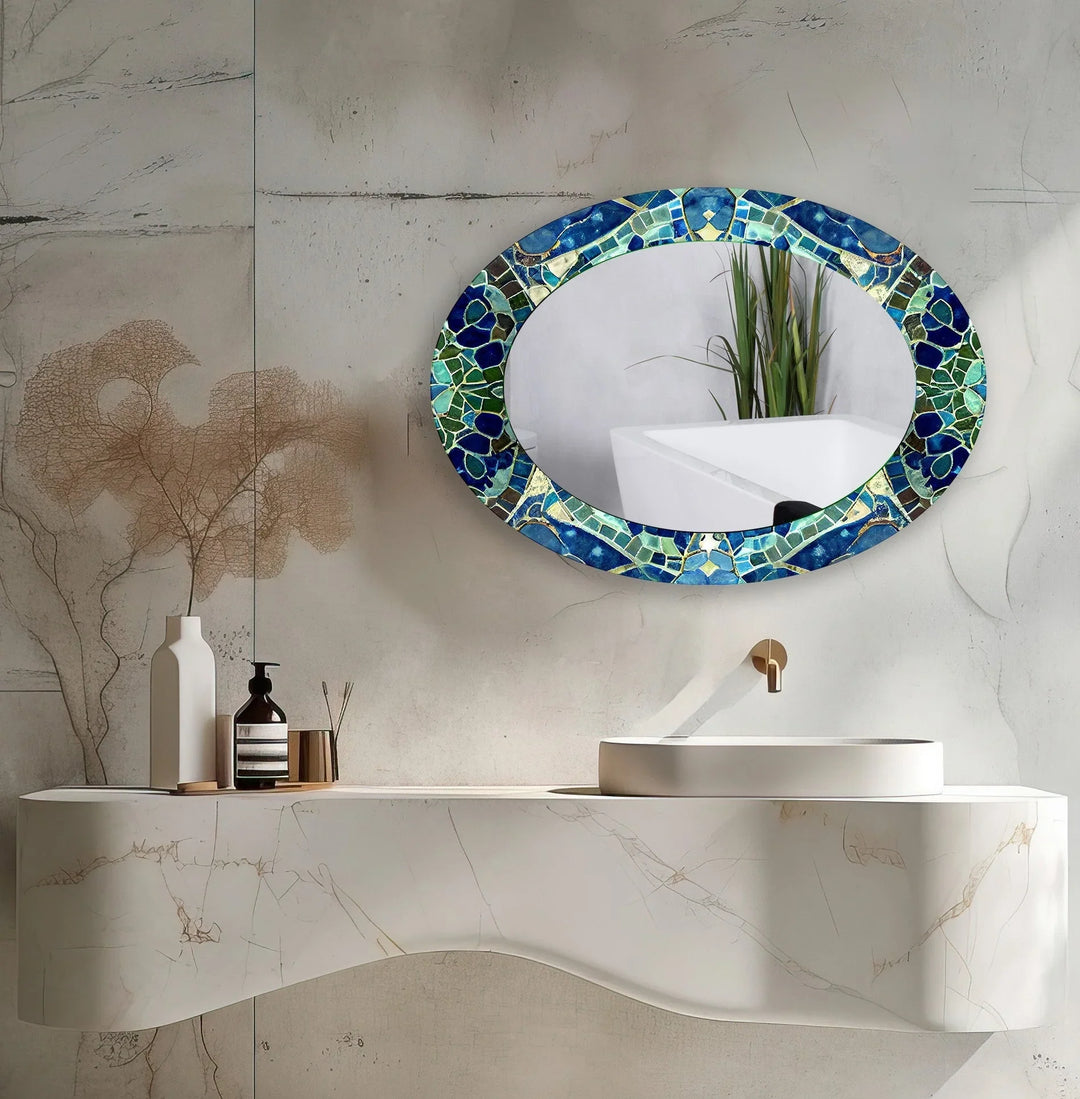 Green And Blue Mosaic Oval Wall Mirror - MyPhotoStation