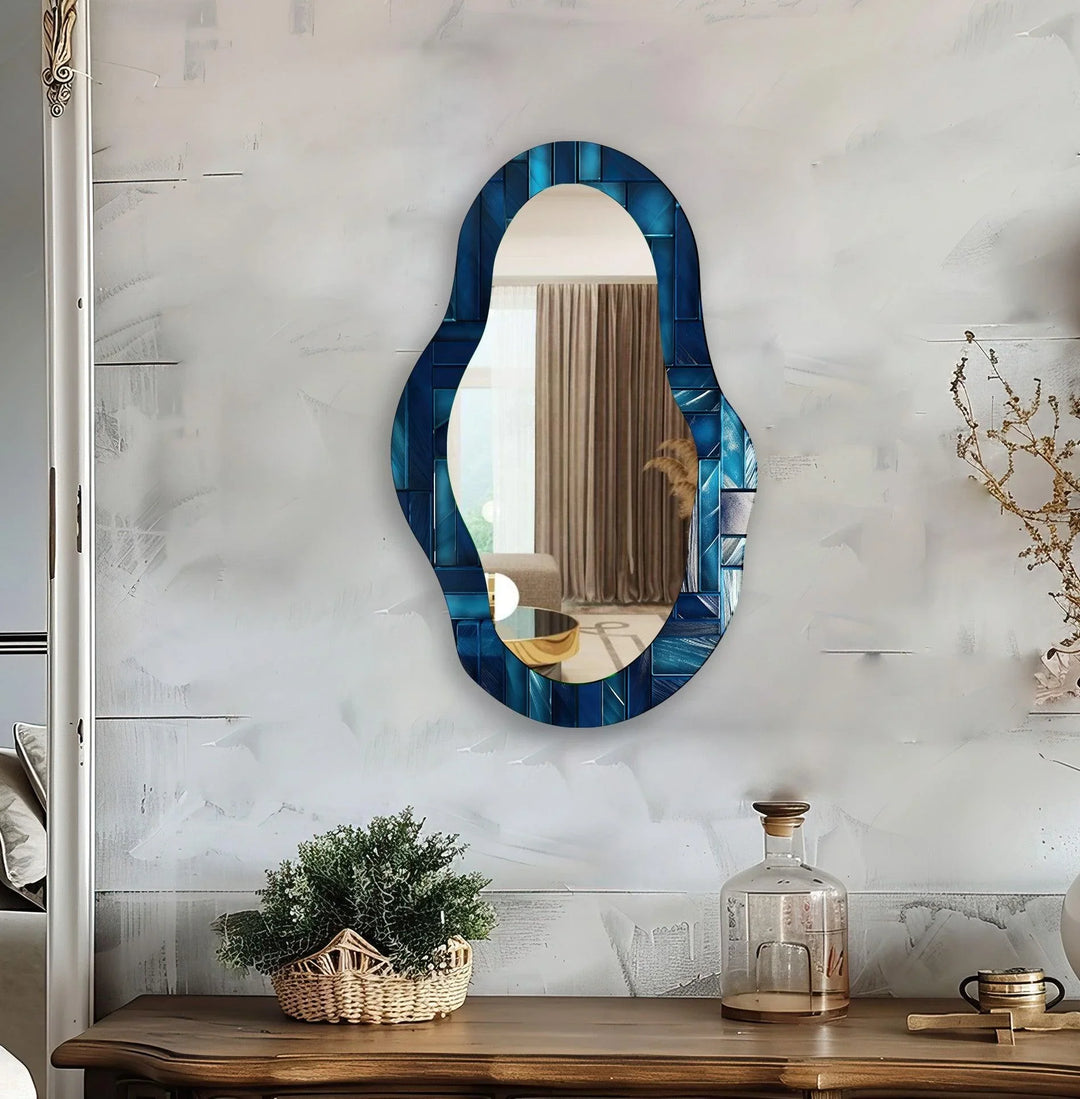 Blue Stained Asymmetrical Wall Mirror - MyPhotoStation