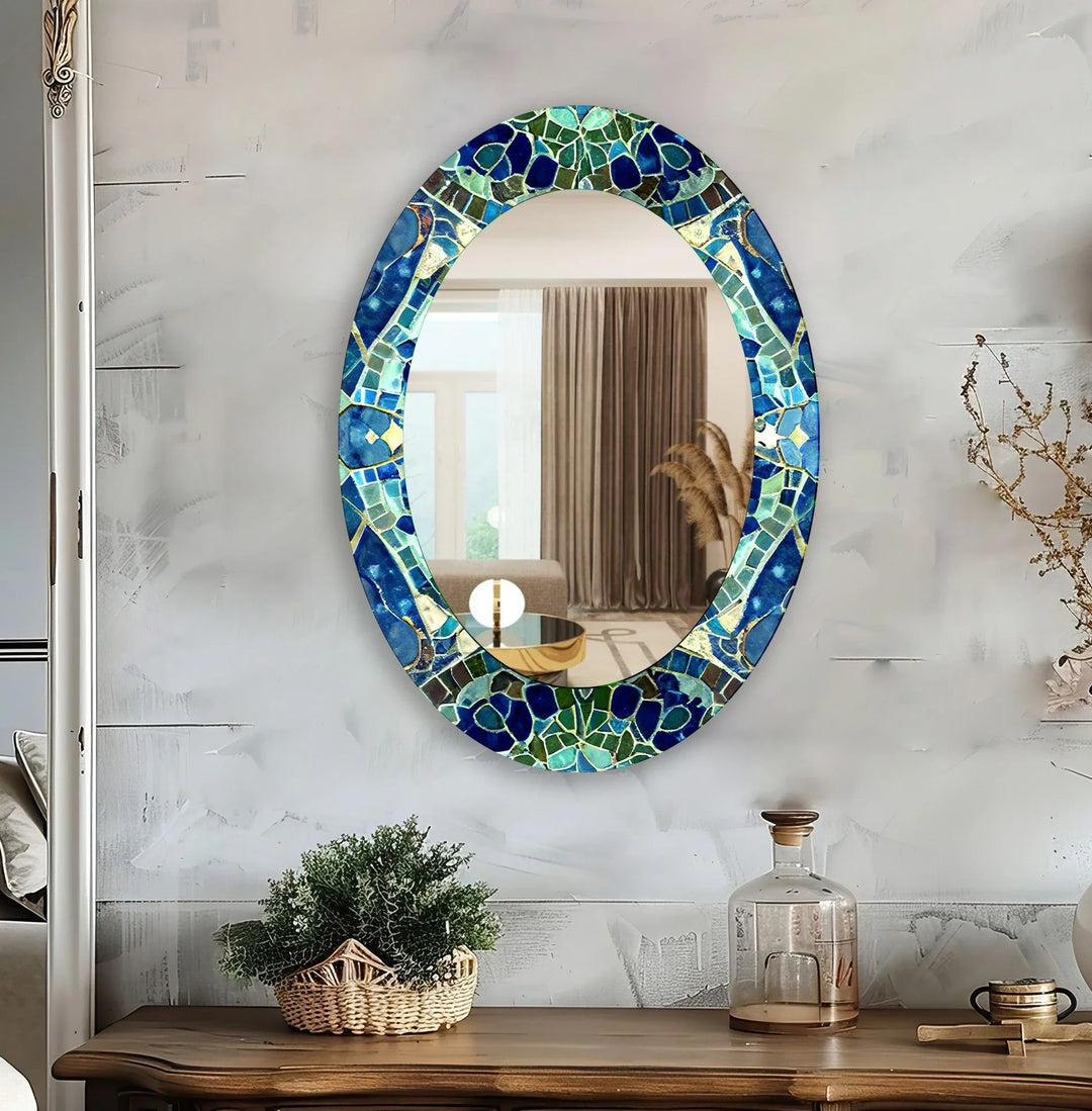 Green And Blue Mosaic Oval Wall Mirror - MyPhotoStation