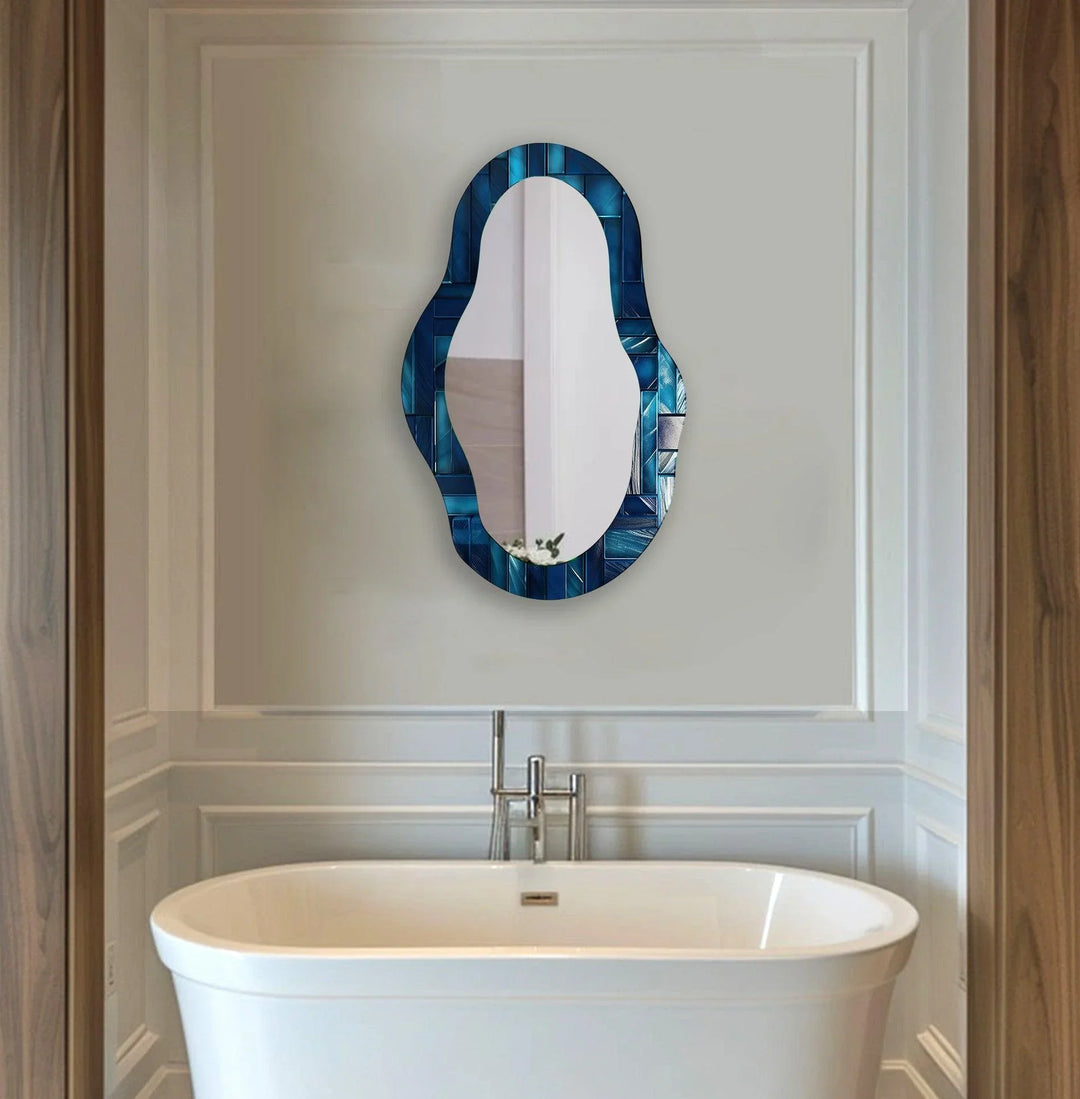 Blue Stained Abstract Asymmetric Wall Mirror - MyPhotoStation