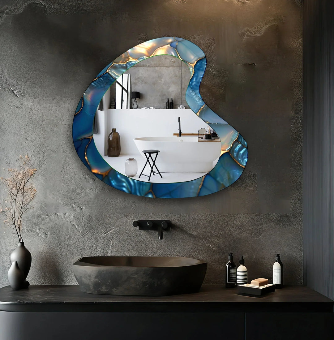 Blue Abstract Irregular Glass Wall Mirror - MyPhotoStation