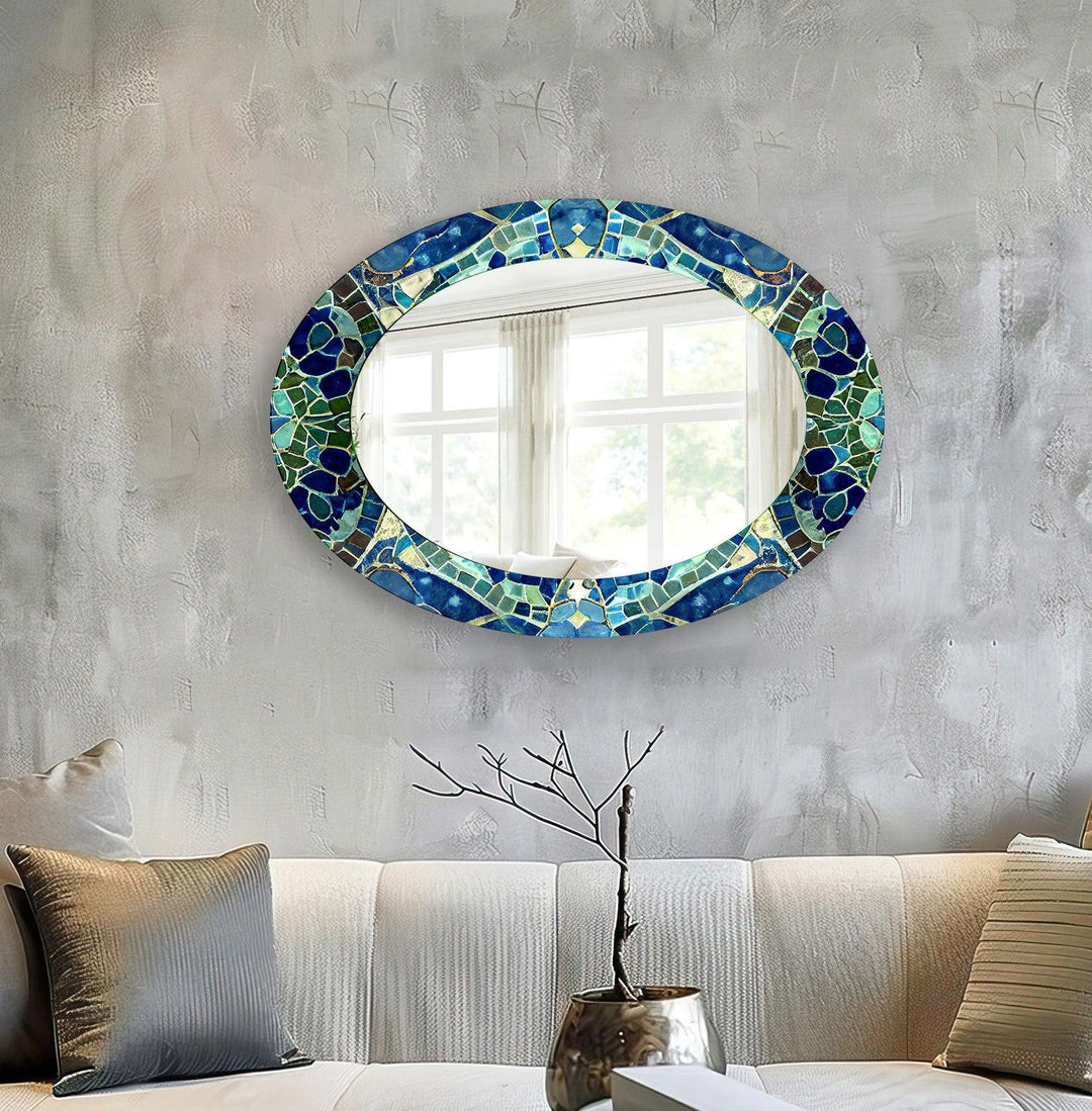 Green And Blue Mosaic Oval Wall Mirror - MyPhotoStation