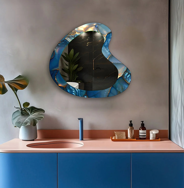 Blue Abstract Irregular Glass Wall Mirror - MyPhotoStation