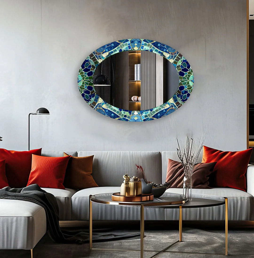Green And Blue Mosaic Oval Wall Mirror - MyPhotoStation