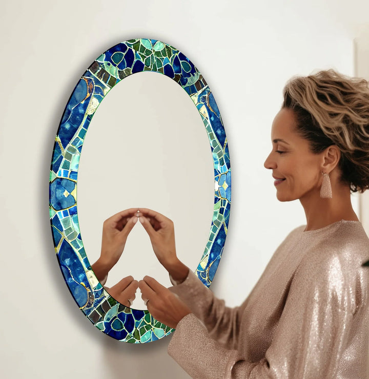 Green And Blue Mosaic Oval Wall Mirror - MyPhotoStation