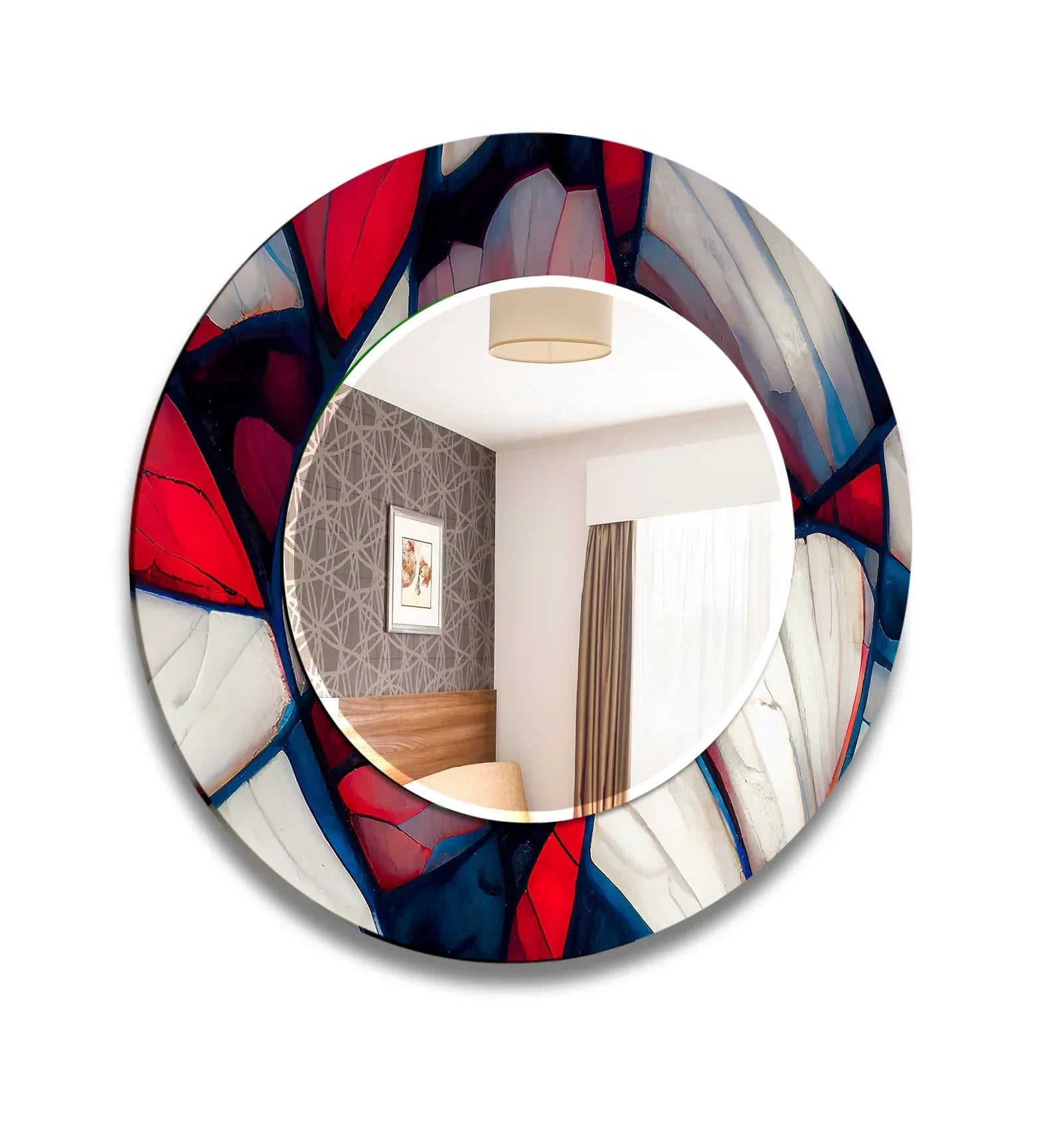 Stained Red & White Round Wall Mirror white framed mirror