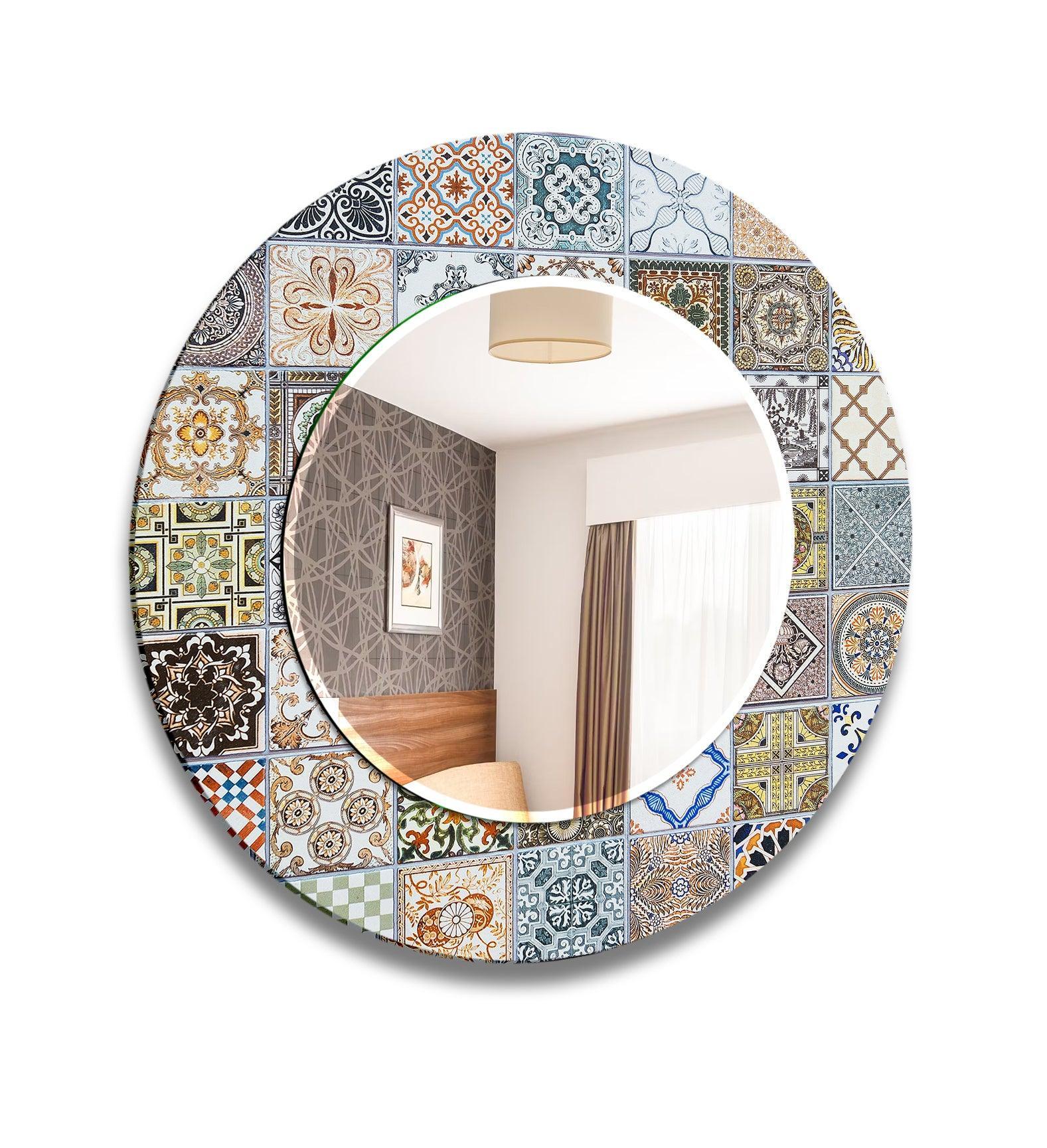 Mosaic Design Beige Round Wall Mirror Gold Mirror