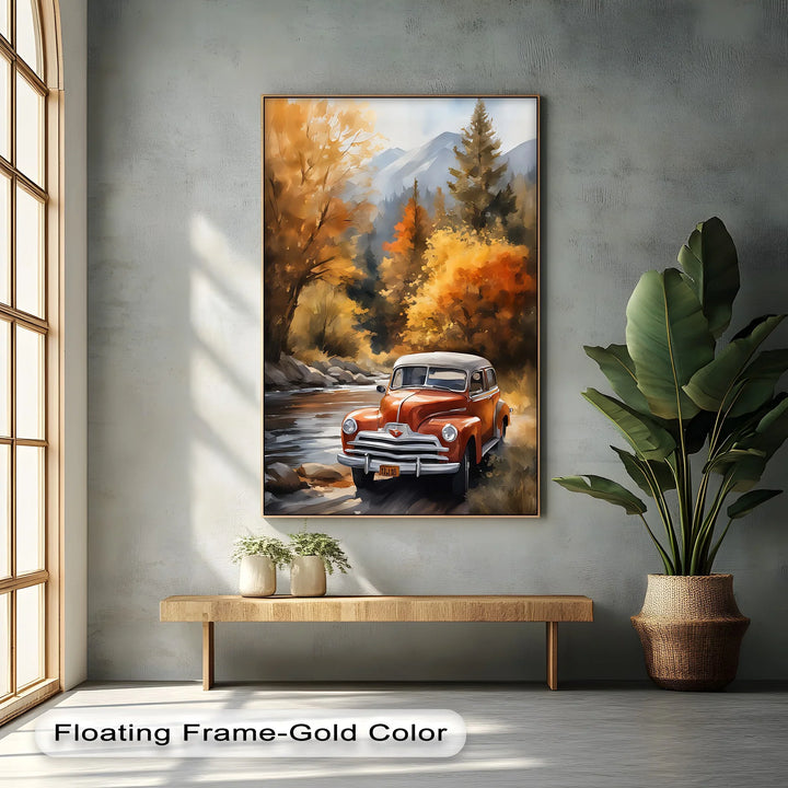 Autumn Journey – Vintage Car in Mountain Landscape Canvas Print - MyPhotoStation