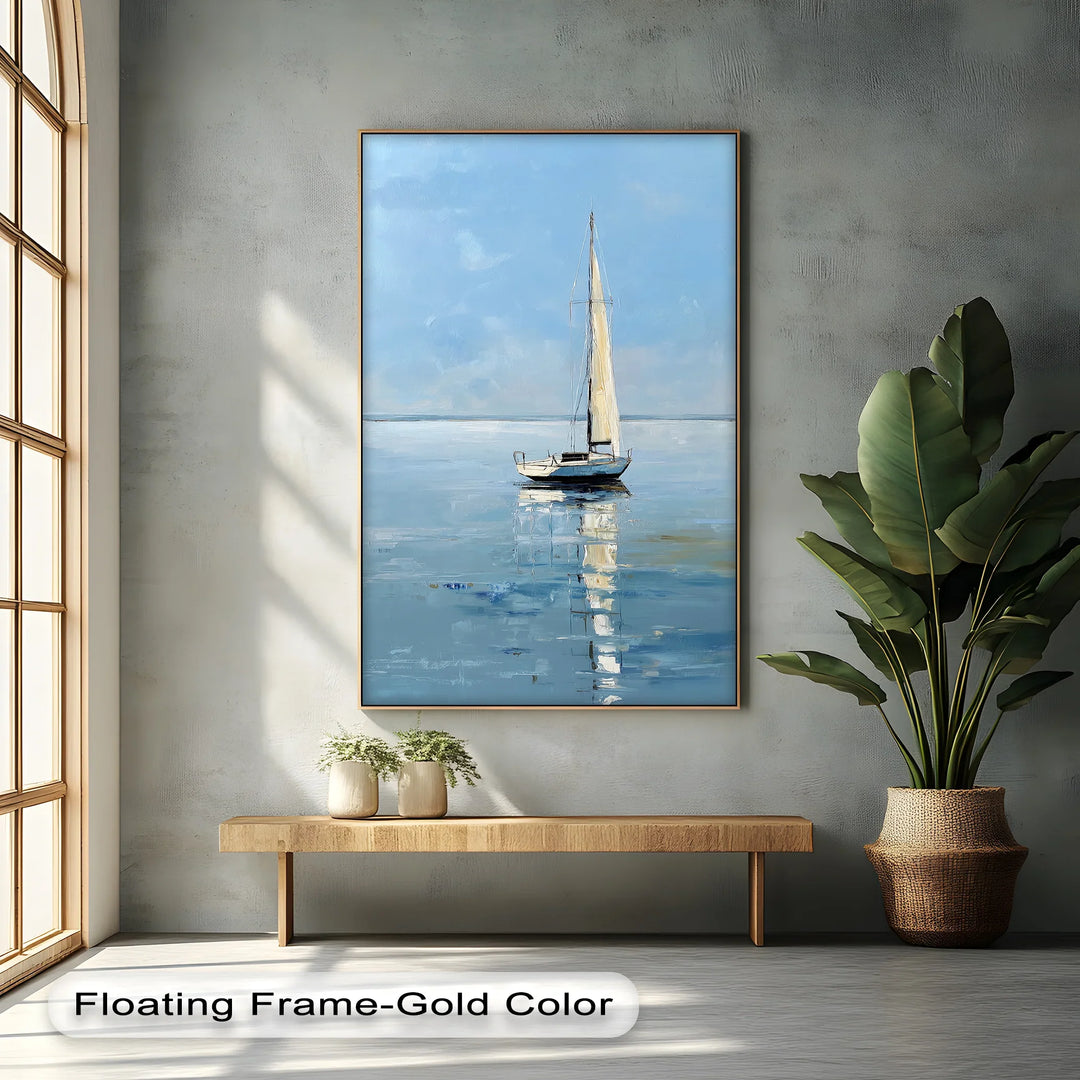 Solitary Sail – Tranquil Seascape with Reflection Boat Canvas Print - MyPhotoStation