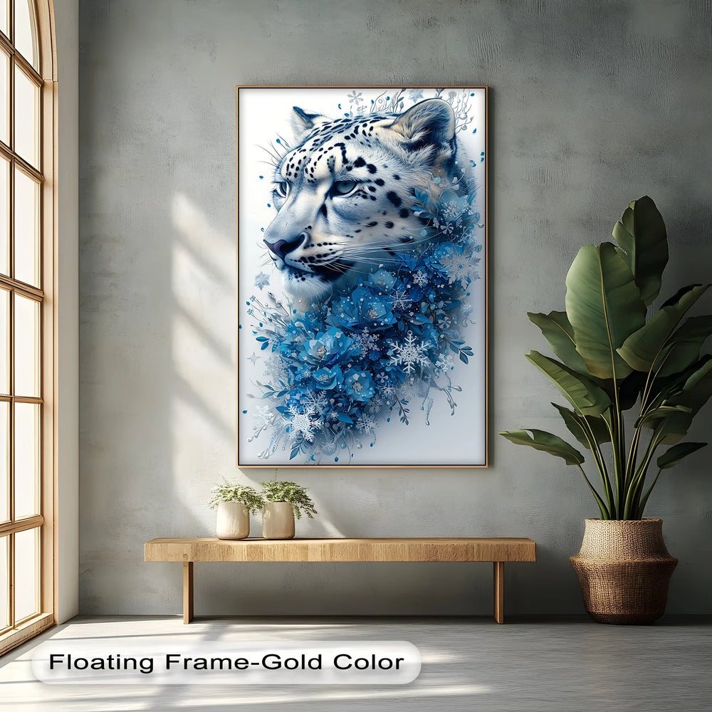 Snow Leopard in Blue Florals – Majestic Winter Wildlife Blue Canvas Prints - MyPhotoStation