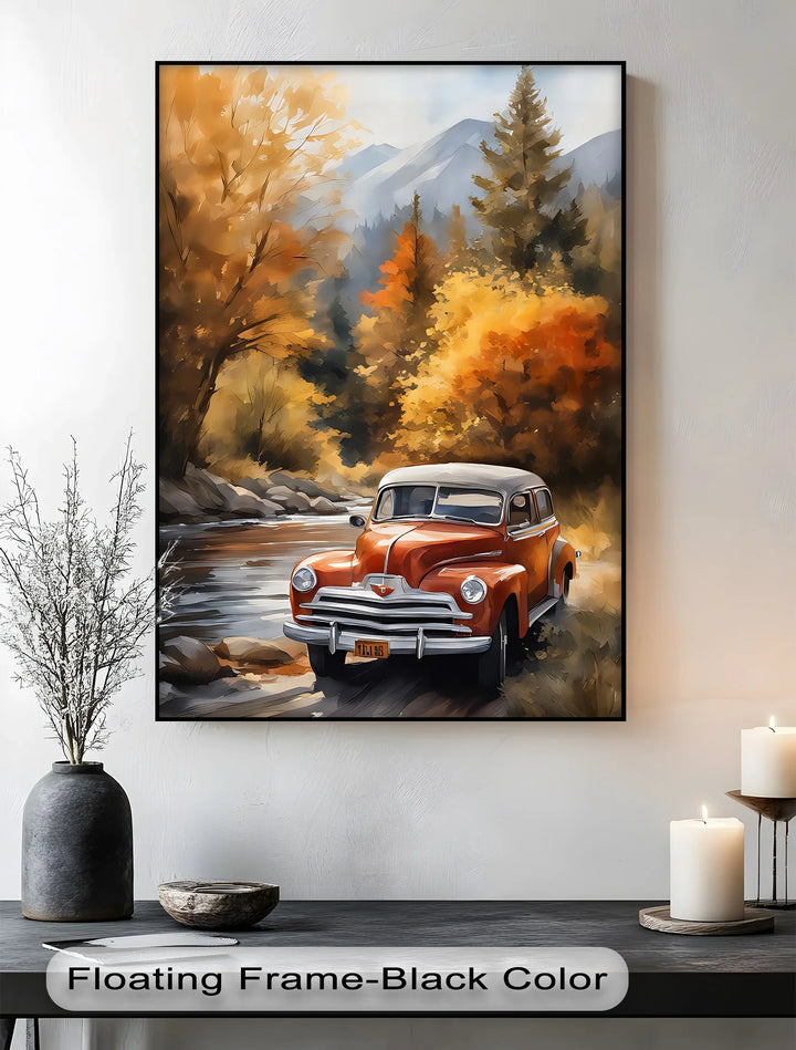Autumn Journey – Vintage Car in Mountain Landscape Canvas Print - MyPhotoStation