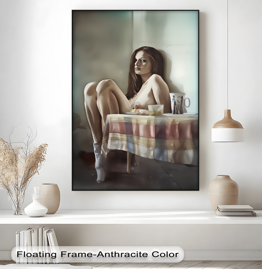Melancholic Nude with Coffee Mug – Nude Canvas Art | Framed Art