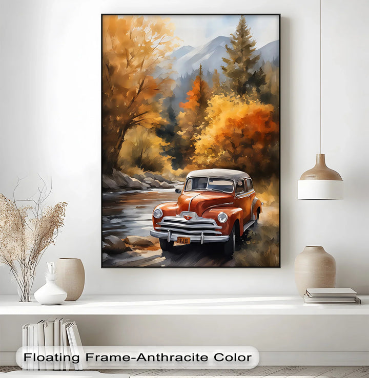 Autumn Journey – Vintage Car in Mountain Landscape Canvas Print - MyPhotoStation
