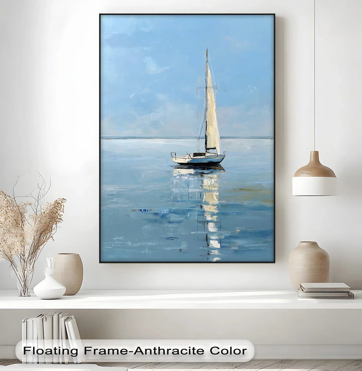 Solitary Sail – Tranquil Seascape with Reflection Boat Canvas Print - MyPhotoStation